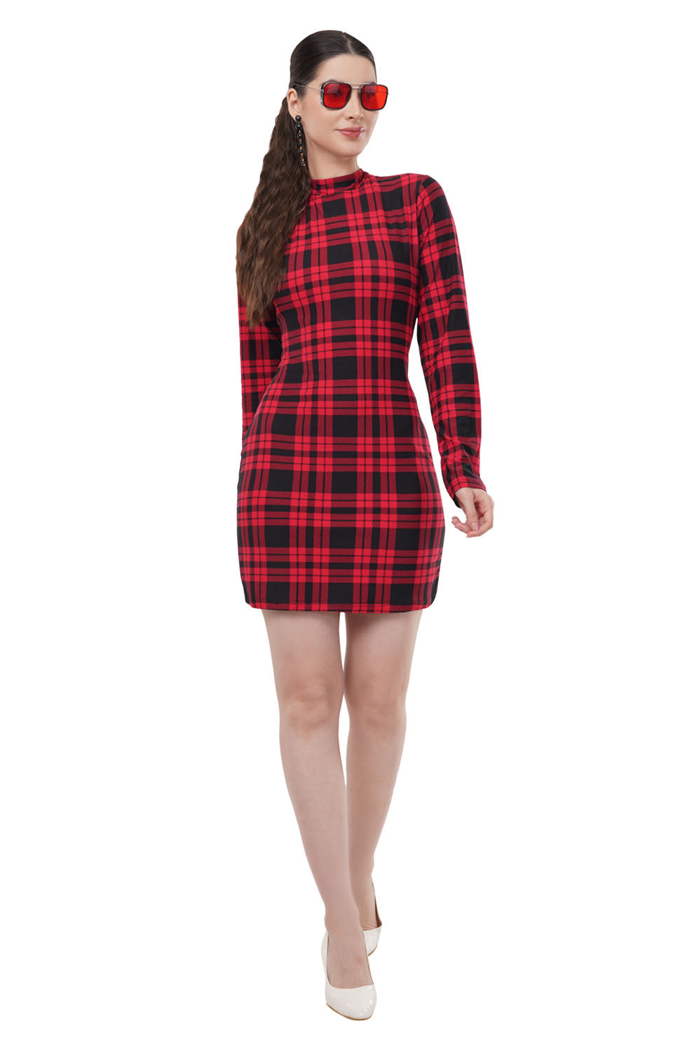 Checkered High Necked Bodycon Dress - Black and Red