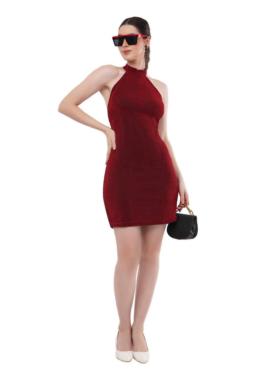 Shimmer Bodycon Dress with Halter Neck and Back Knot - Red