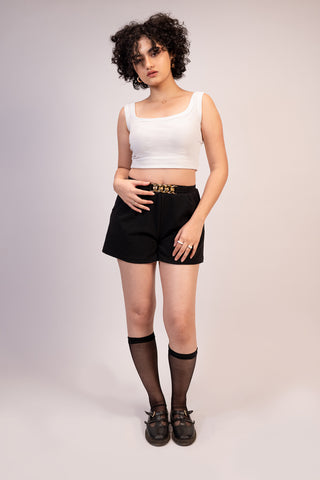 Black Pleated Shorts with Golden Chain and Pockets