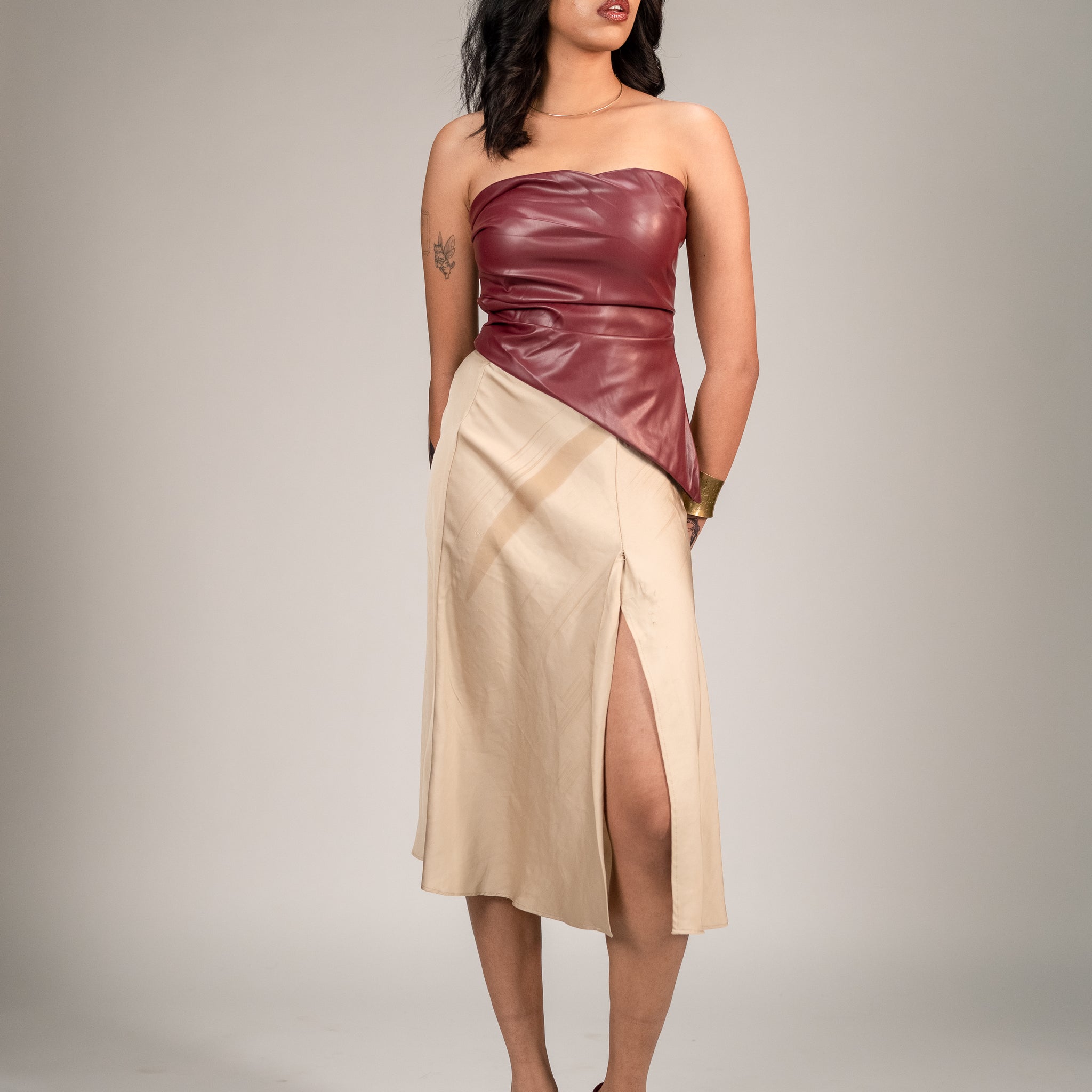 Burgundy Leather Strapless Crop Top for Women – Sexy Solid Colour Pleated Waistband Tube Top
