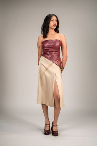 Burgundy Leather Strapless Crop Top for Women – Sexy Solid Colour Pleated Waistband Tube Top
