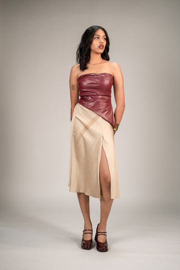 Burgundy Leather Strapless Crop Top for Women – Sexy Solid Colour Pleated Waistband Tube Top