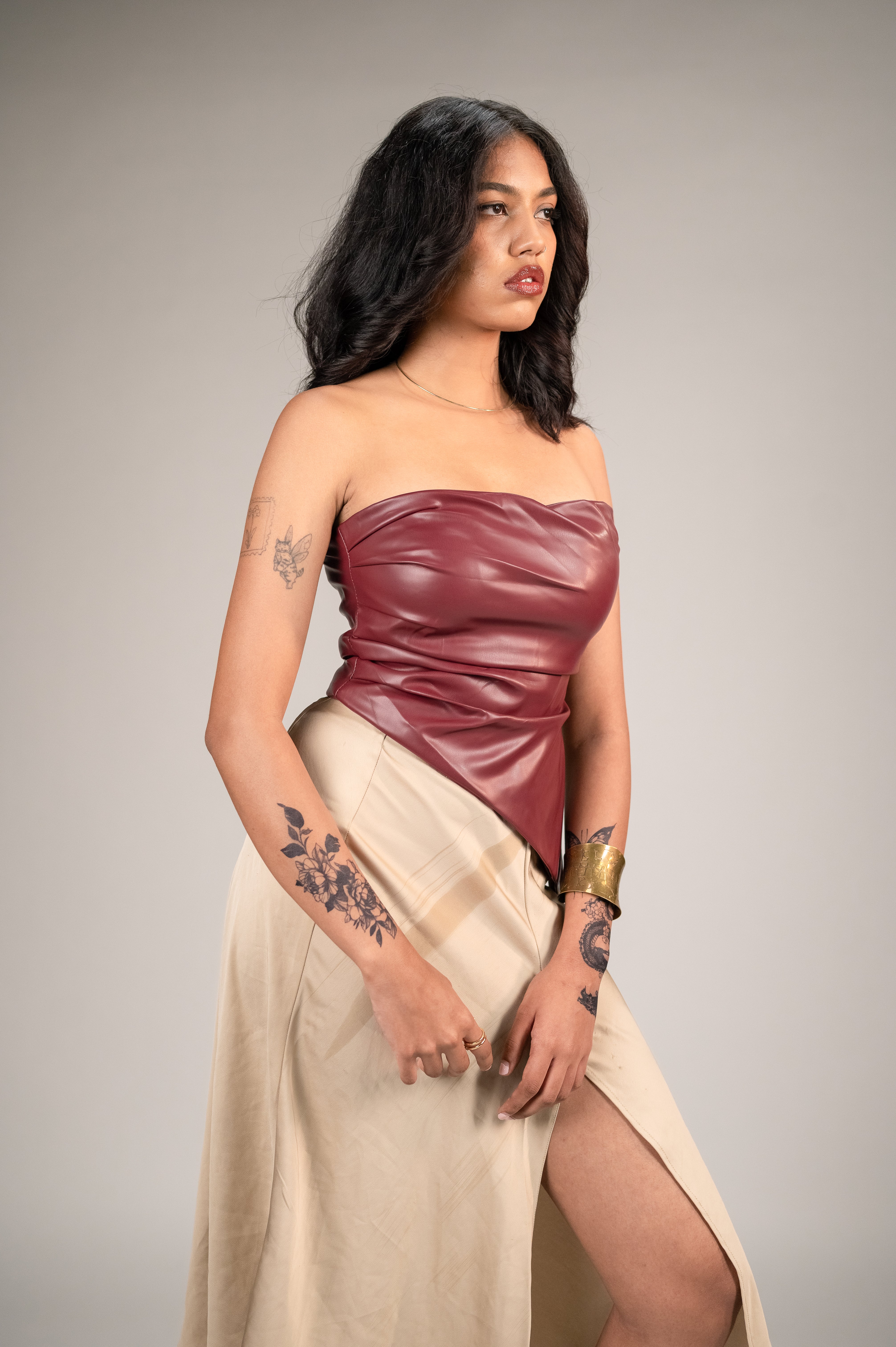 Burgundy Leather Strapless Crop Top for Women Sexy Solid Colour Plea Panthera Burgundy Leather Strapless Crop Top for Women Sexy Solid Colour Plea Panthera
