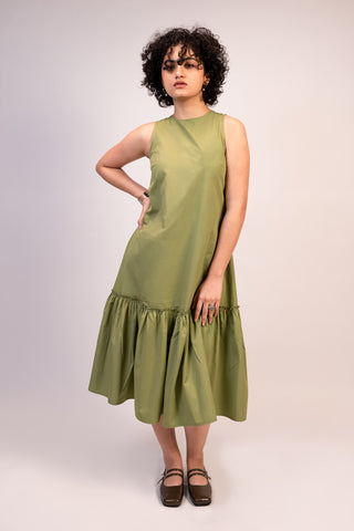 Green Sleeveless A-line Maxi Dress with Round Neck and Ruffle Detail