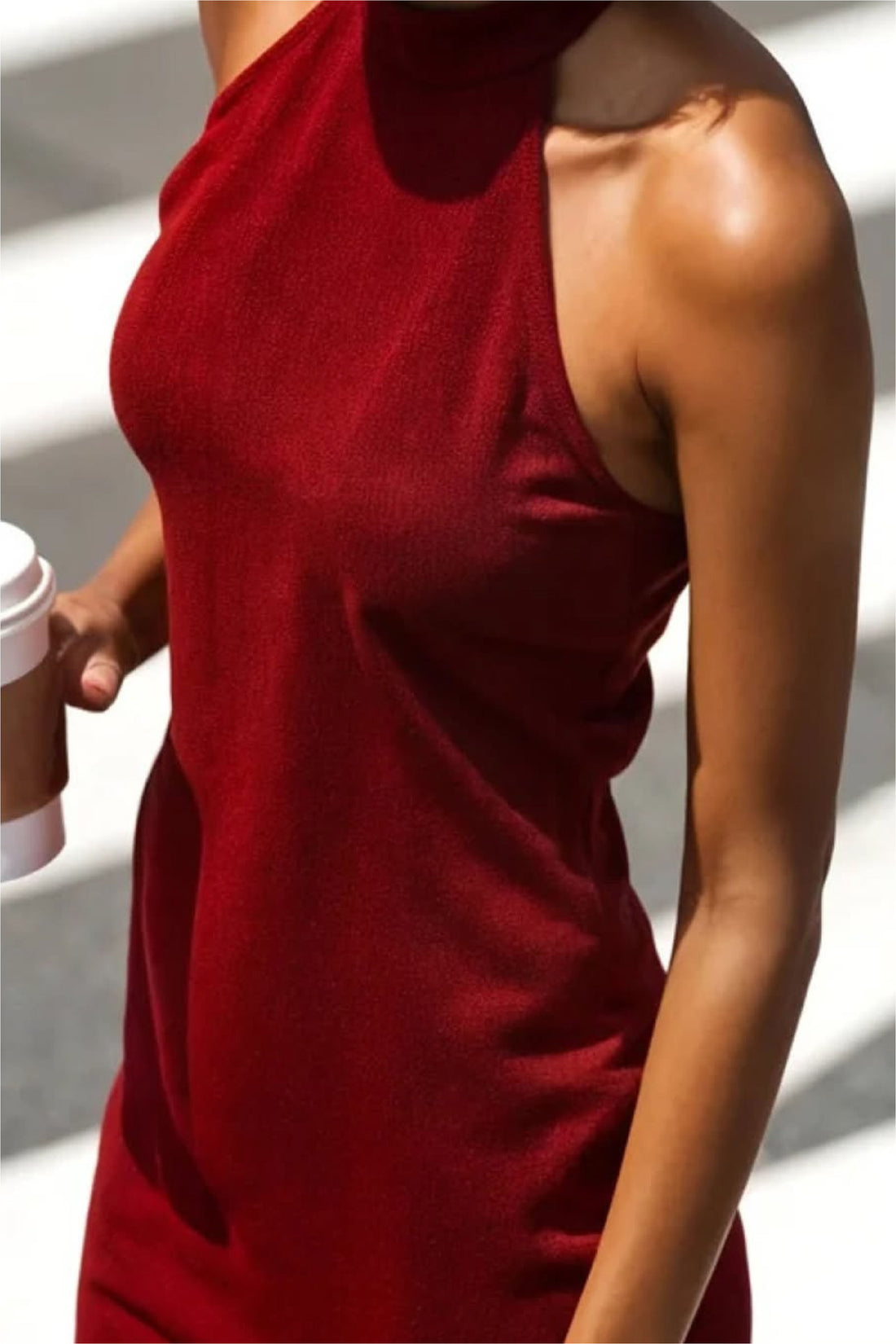 Red Shimmer Bodycon Dress with Halter Neck and Back Knot